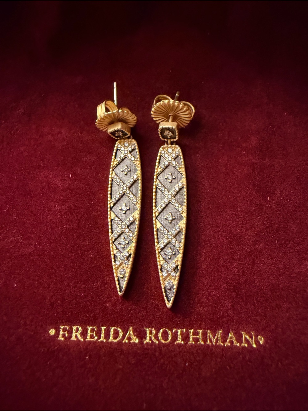 Freida Rothman Spear Sterling Silver Gold Plated Two Tone Pave Drop Earrings